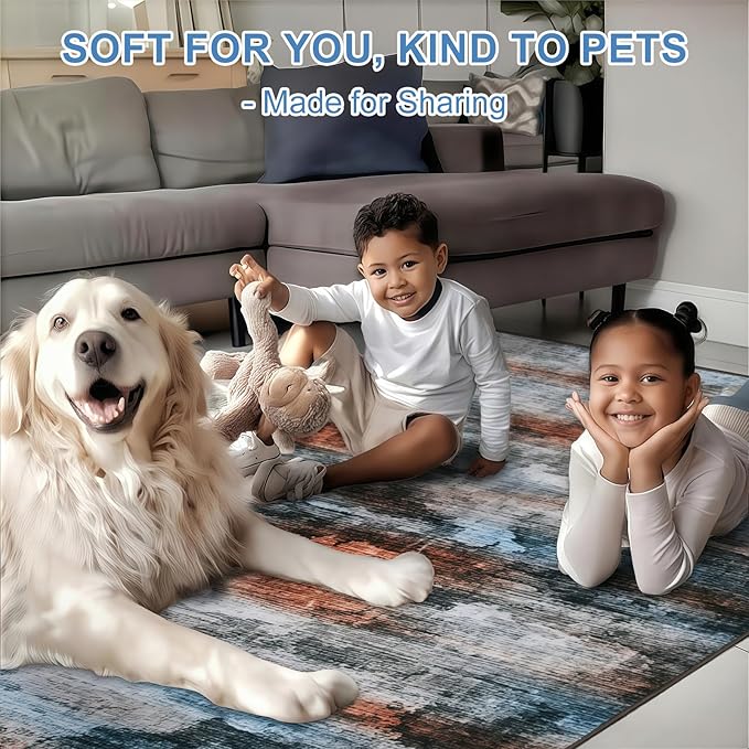 WILLSUN Washable Area Rugs, 9x12 Non-Slip Boho Large Area Rugs for Living Room, Bedroom, Machine Washable Vintage Rug, Indoor Floral Print Carpet for Home Decor, Kid & Pet Friendly Mat