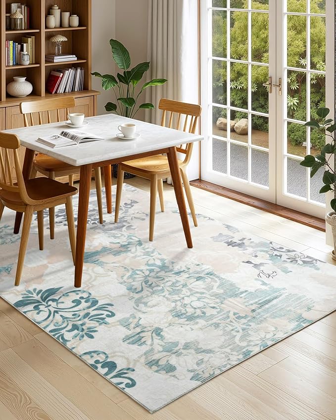 Washable Abstract Rug, 6x9 Ivory and Aqua Floral Area Rugs with Non-Slip Rubber Backed for Living Room, Low Pile Modern Throw Carpet Bedroom Dining Room Decor
