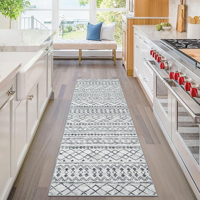 KUTA 2x6 Washable Runner Rug Non-Slip, Grey Moroccan Boho Rug Runner for Hallways Distressed Geometric Vintage Kitchen Rugs, Ultra Soft Floor Mat for Entryway, Bathroom, Laundry, Living Room, Bedroom