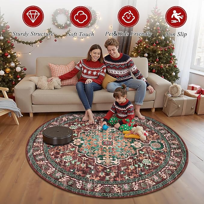 U'Artlines Boho Vintage Area Rug 3x5 Machine Washable Low Pile Ultra-Thin Soft Floor Carpet Non Slip Non Shedding Accent Rug for Living Room Bedroom Entryway Dining Room Office Rust＆Teal