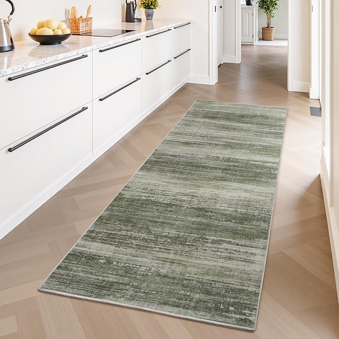 PADOOR Modern Abstract Runner Rug - 2x6 Washable Hallway Rugs, Ultra Soft Non-Slip Low Pile Floor Rugs for Hallway Entryway Kitchen Bedroom Bedside Laundry Room Green