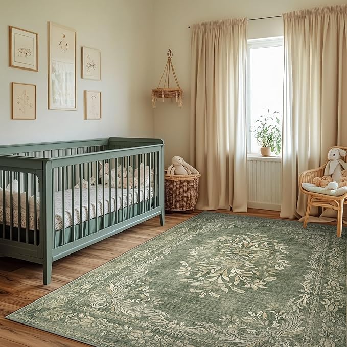 jinchan Green 4x6 Area Rugs Vintage Floral Design - Machine Washable Distressed Soft Ultra-Thin Low-Pile Non-Slip Carpet for Entryway Kitchen Bedroom Nursery Living Room Dining Room (4x6ft,Green)
