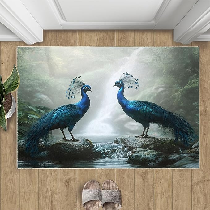 Peacock Rug 2x3-2x3 Rug, Peacock Couples Area Rugs for Bedroom, Nature Waterfall Rugs for Living Room, Animal Bird Washable Mat, Teal Turquoise Carpet - Peafowl Home Decor & Gifts