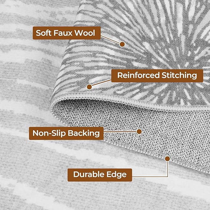 WITSHOCK 9x12 Washable Rug for Living Room,Modern Floral Distress Print Pattern Area Rugs,Stain Resistant with Non Slip Backing Carpet for Dining Room,Bedroom & Home Decor,Grey White