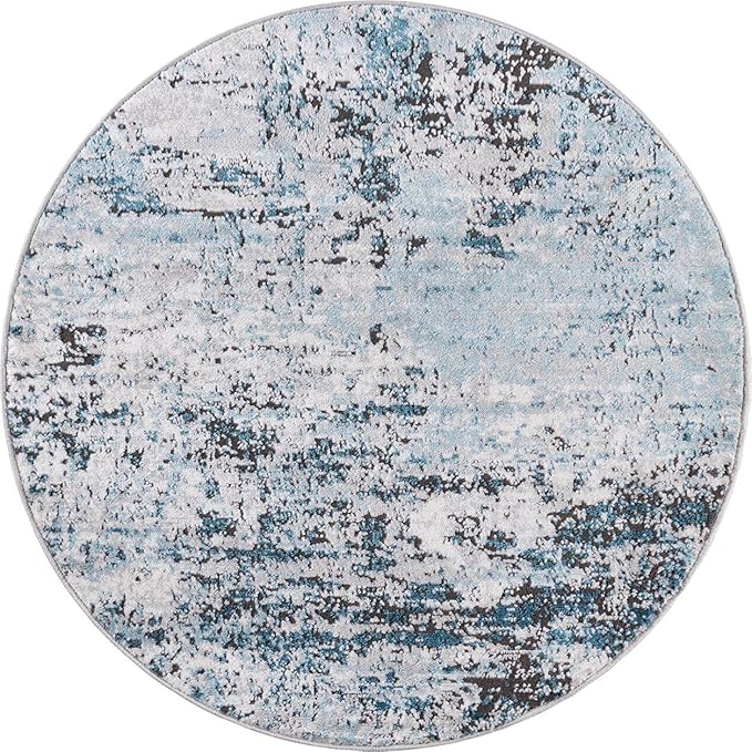 Rugs.com Leipzig Collection Round Rug – 3 Ft Round Blue Low-Pile Rug Perfect for Kitchens, Dining Rooms