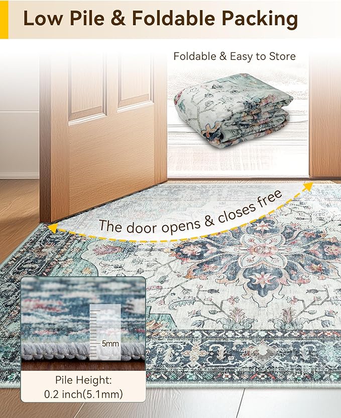 Area Rugs 7ft Washable Non-Slip, Floral Vintage Distress Print Pattern Medallion Carpet for Living Room Bedroom Dining Room, Green Navy Blue White Red Teal Colorful