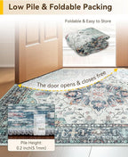 Area Rugs 3'x5' Washable Non-Slip, Floral Vintage Distress Print Pattern Medallion Carpet for Living Room Bedroom Dining Room, Green Navy Blue White Red Teal Colorful