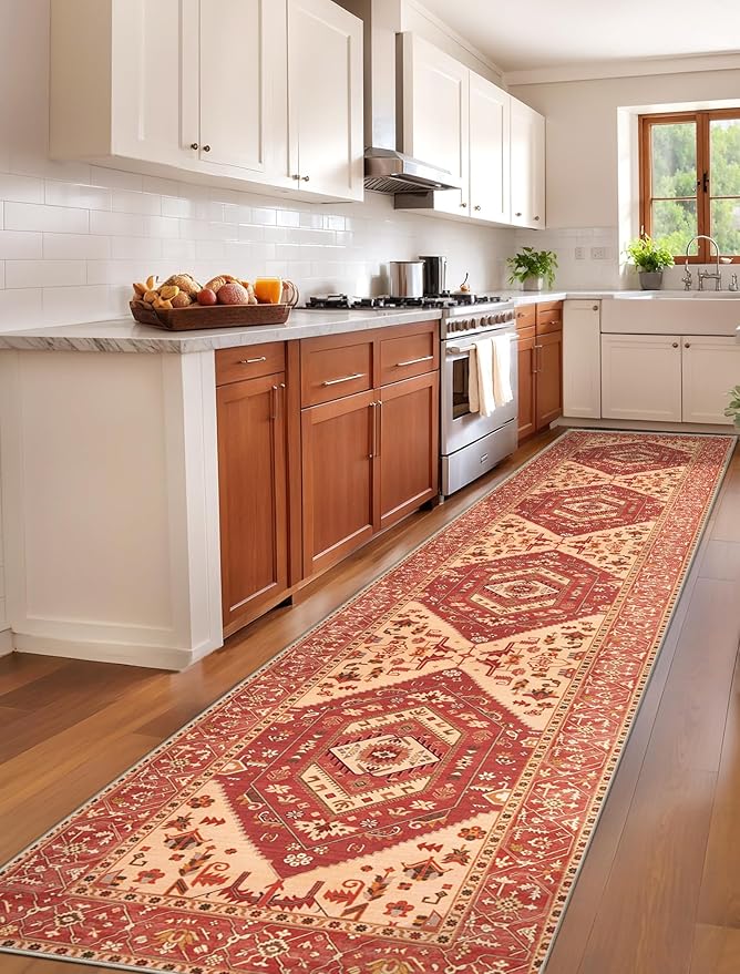 SERISSA Runner Rug for Hallways, 2'6"x12' Washable Non Slip Kitchen Runner Rug, Extra Long Boho Rug Ultra Soft Vintage Red Beige Print Floor Carpet for Bedroom Hallway Entryway Bathroom Laundry Room