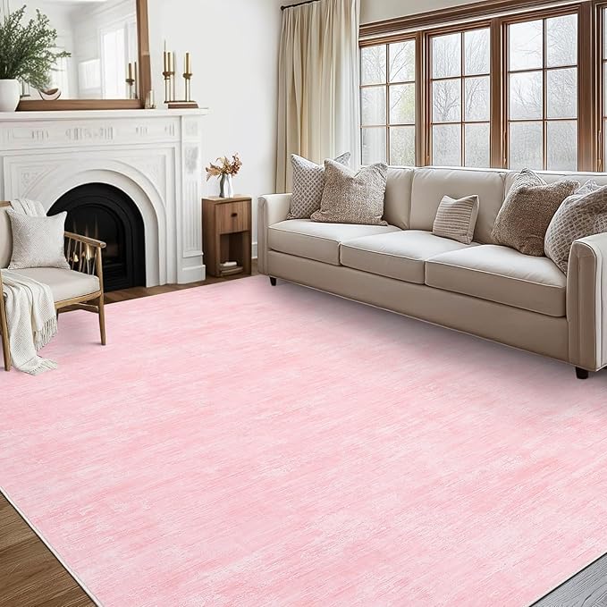 Living Room Area Rug 9x12 Machine Washable Rug Non-Slip Stain Resistant Modern Abstract Bedroom Rug Contemporary Throw Floor Carpet for Dining Room Solid Area Rug for Home Office, Pink