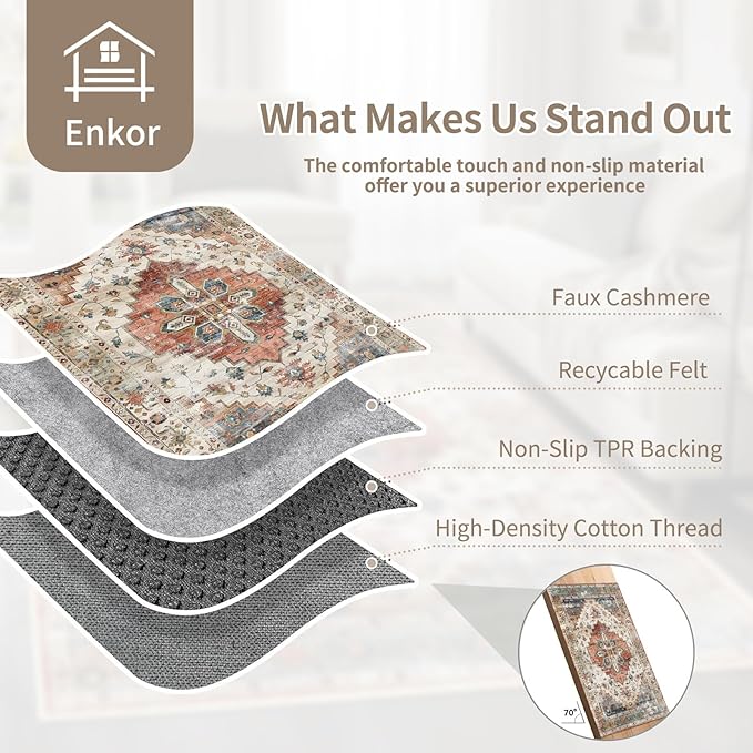 Enkor Area Soft Rugs 4x6 Washable Non Slip Boho Floor Rugs for Living Room Bedroom, Vintage Style Farmhouse Mat for Kitchen Entryway Beige & Red