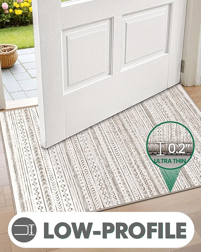 LUMI Ultra Thin Door Mat, 18x30 Non Slip Indoor Doormat Entrance Washable Rugs Entryway Oriental Vintage Soft Carpet for Kitchen Bedroom Front Door, White and Brown