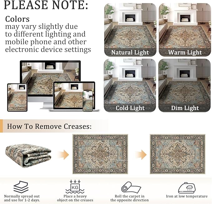 6x9 Machine Washable Area Rug for Living Room, Blue Beige Boho Vintage Floral Rug Large Non-Slip Low Pile Soft Faux Wool Carpet, Kids and Pets Friendly for Bedroom Dining Room Farmhouse Decor Rug