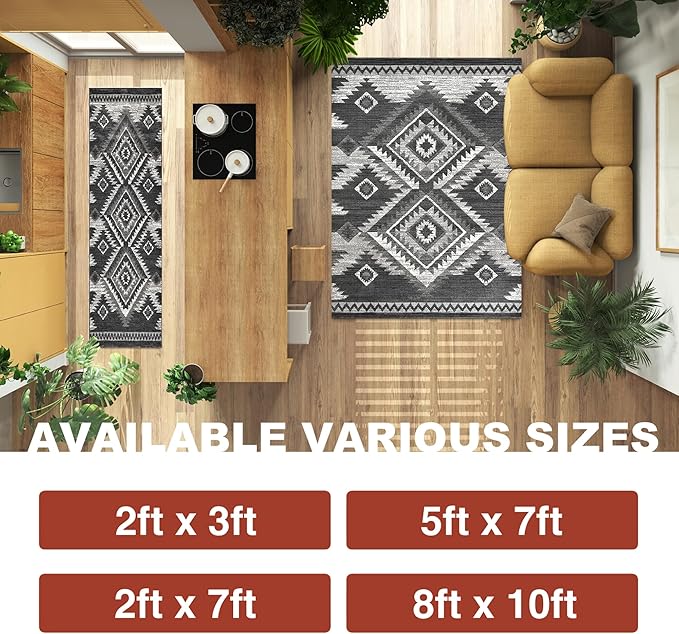 YHSF South West Native American Rug Ritz – Native Tribal American Indian Inspired Rug - Living Room, Bedroom, Hallway, Entryway & High-Traffic Area Rugs - Washable - Soft - Dark Grey, 2 Feet x 3 Feet