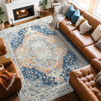 Large Area Rugs 9x12, Low Pile Washable Rugs - Soft Vintage Distressed Rugs for Living Room Bedroom, Office, Dining Room, Water Repellent & Non Shedding, Blue and Orange