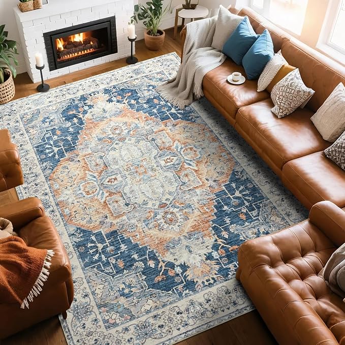 Large Area Rugs 8x10, Low Pile Washable Rugs, Soft Vintage Distressed Rugs for Living Room Bedroom, Office, Dining Room, Water Repellent & Non Shedding, Blue and Orange