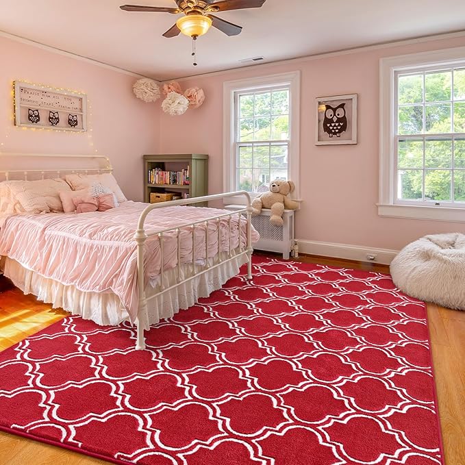 Amearea Fluffy Indoor Area Rug, Soft Trellis Moroccan Rugs for Bedroom, Shag Modern Area Rug for Living Room Kids Room Nursery, Easy Clean, Home Decor Low Pile Carpet, Wine Red 6x9 Feet
