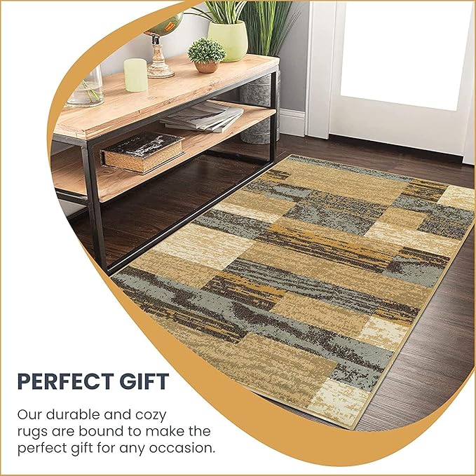 SUPERIOR Indoor Area Rug, Jute Backed, Modern Geometric Patchwork Floor Decor for Bedroom, Office, Living Room, Entryway, Hardwood Floors, Rockwood Collection, 7' x 9', Light Blue-Beige