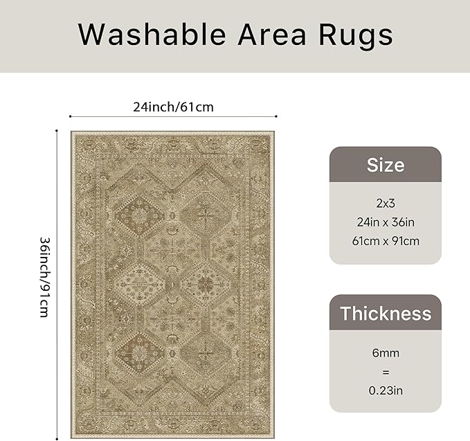 Bavni Clearance 2x3 Rugs for Entryway Indoor, Machine Washable Area Rug Non Slip, Vintage Distressed Throw Rugs, Ultra-Thin Small Entry Carpet, Low Pile Door Mat for Entrance, Bedroom, Bathroom, Brown