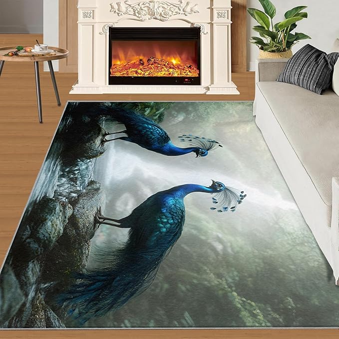 Peacock Rug 3x4-3x4 Rug, Peacock Couples Area Rugs for Bedroom, Nature Waterfall Rugs for Living Room, Animal Bird Washable Mat, Teal Turquoise Carpet - Peafowl Home Decor & Gifts