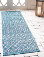 Unique Loom Outdoor Trellis Collection Area Rug - Tribal Trellis (2' x 6' 1" Runner, Teal/ Ivory)