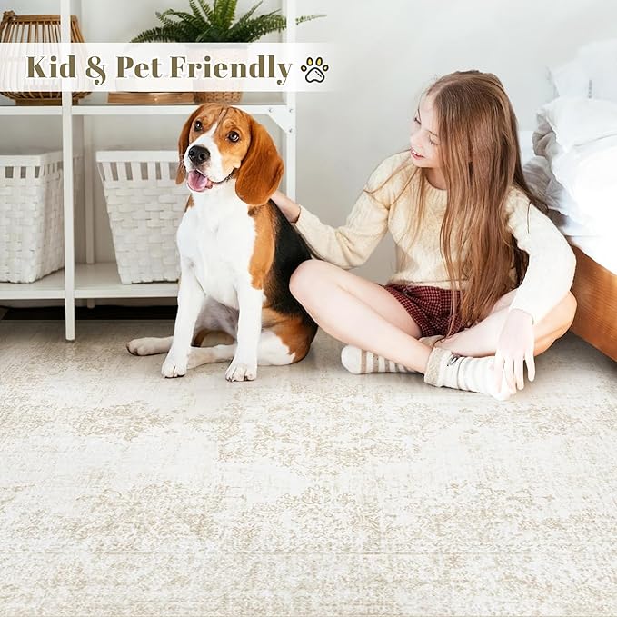 Vintage Living Room Area Rug - 8x10 Large Machine Washable Boho Moroccan Rug Distressed Farmhouse Rugs for Bedroom - Soft Non-Slip Indoor Carpet for Dining Room Office Nursery(Ivory, 8'x10')