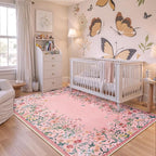 Wonnitar Washable 4x6 Rug, Pink Rugs for Girls Bedroom, Soft Non-Slip Nursery Area Rug, Floral Rugs Kids Room Low Pile Throw Carpet for Dorm Decor (Pink,4'x6')