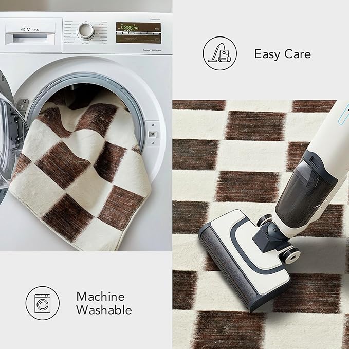 EVERGRACE Checkered Plaid Area Rug 5x7, Soft Fuzzy Faux Wool Rugs Washable Anti Slip Rugs Large Rug for Entryway Bedroom Living Room Hallway Kitchen Dining Room and Laundry Room, Dark Brown and White