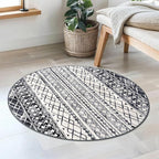 KUTA Round Washable Rug 3Ft Boho Black Navy Blue Entryway Rugs, Moroccan Foyer Kitchen Carpet Non-Slip, Soft Distressed Geometric Low-Pile Circle Throw for Hallway Bedroom Nursery Dorm