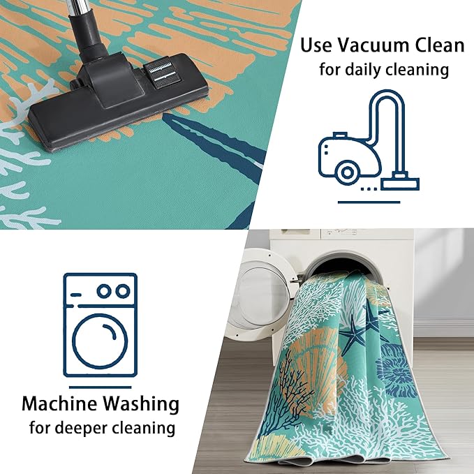 Tritard Coastal Area Rugs Nautical Beach Themed Non-Slip Machine Washable Rugs Modern Floor Carpet for Living Room Bedroom, 5x7, Teal and Turquoise