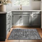 Washable Area Rug 2x3 Black Rugs for Living Room, Vintage Boho Rug for Bedroom Dining Room Office, Distressed Floral Print Carpet for Under Table, Soft Non Slip Low Pile Throw Carpet Indoor Mat