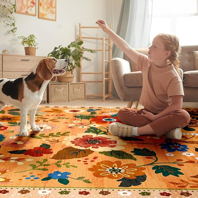 Floral 5x7 Area Rug Machine Washable Soft Print Boho Carpet Non Slip Doormat Low Pile Flower Area Rugs for Living Room Bedroom Nursery Kitchen Dining Room Indoor-Yellow/Orange