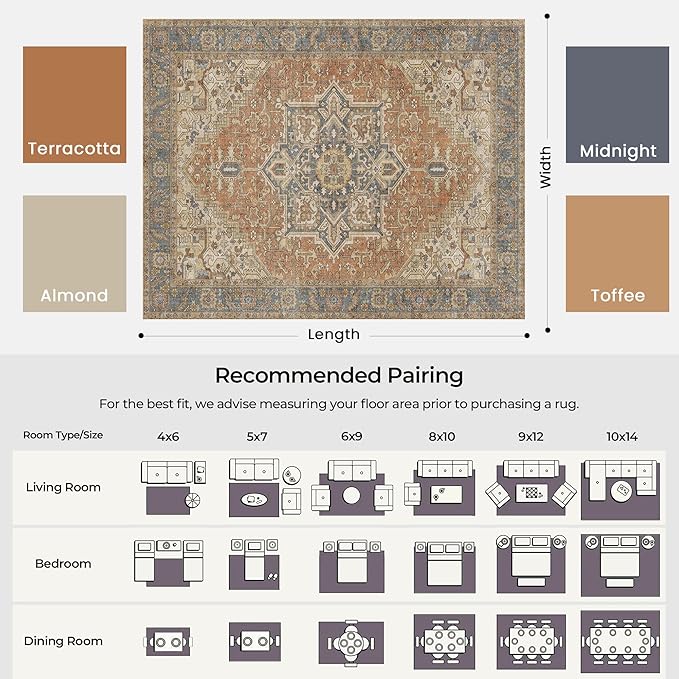 Kokia 10x14 Washable Area Rugs Terracotta with Vintage Orient Design, Soft Rug for Living Room or Bedroom, Non-Slip Low Pile Stain Resistance Features, Distressed Medallion Pattern