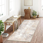 2x4 Washable Runner Rug Beige Grey Abstract Hallway Kitchen Throw Rug Neutral Modern Non Slip Soft Low Pile Carpet for Bathroom Laundry Bedroom Living Room