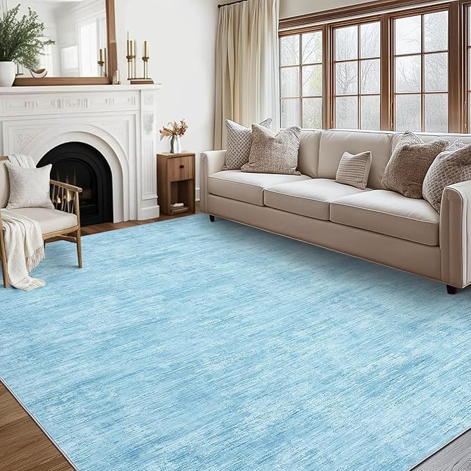 RUGSREAL Living Room Area Rug 9x12 Washable Rug Non-Slip Stain Resistant Modern Abstract Bedroom Rug Contemporary Throw Floor Carpet for Dining Room Solid Area Rug for Home Office, Light Blue
