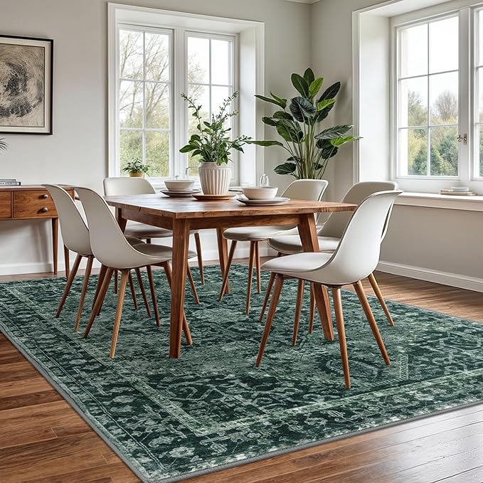 KOZYFLY Boho Area Rug 6x9 Ft Thin Washable Rugs for Bedroom and Living Room Faux Wool Printed Throw Carpet Non Slip Rug for Entryway Kitchen Dining Room, Dark Green