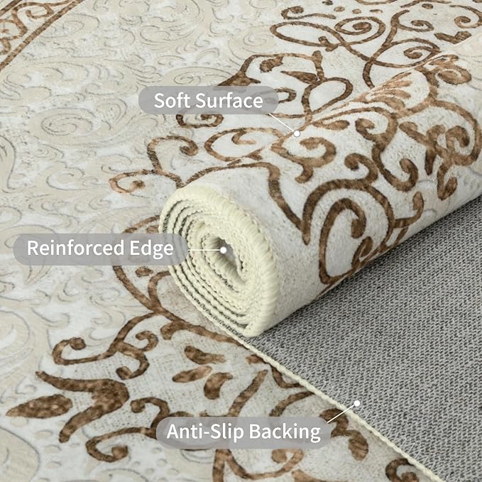Easy-Going Round Rug 5ft Area Rug Washable Boho Neutral Circle Rugs for Living Room Non-Slip Bedroom Rug Low Pile Lightweight Floral Brown Print Vintage Throw Rug for Dining Room Kitchen Home Office