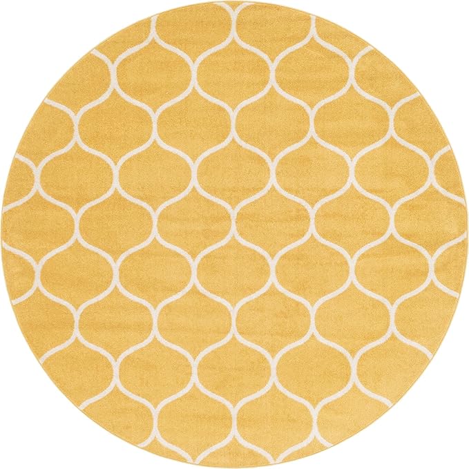 Rugs.com Lattice Frieze Collection Rug – 8' Round Yellow Medium Rug Perfect for Kitchens, Dining Rooms