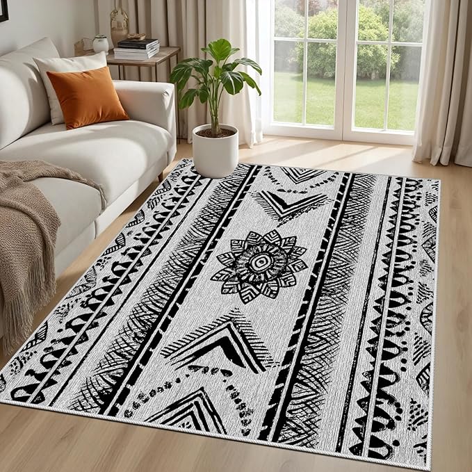 Area Rugs Moroccan for Living Room 6x8, Washable Non-Slip Boho Rug, Neutral Farmhouse Soft Carpet for Bedroom, Kitchen, Dining Room, Entryway, Geometric Print Tribal Carpets, Black and White