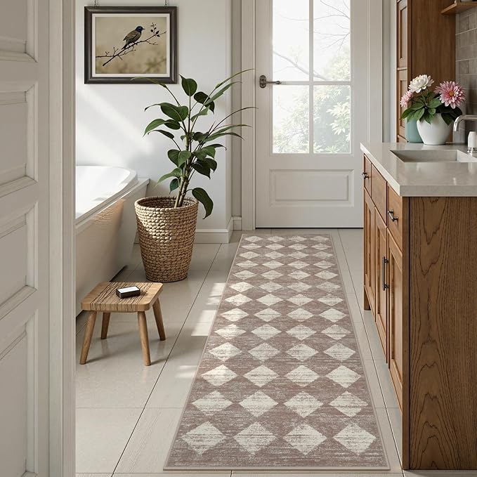 Lahome Moroccan Treills 2x8 Washable Hallway Runner Rug, Non Slip Bathroom Kitchen Carpet Runners, Checkered Modern Soft Runner for Entryway Living Room, Beige