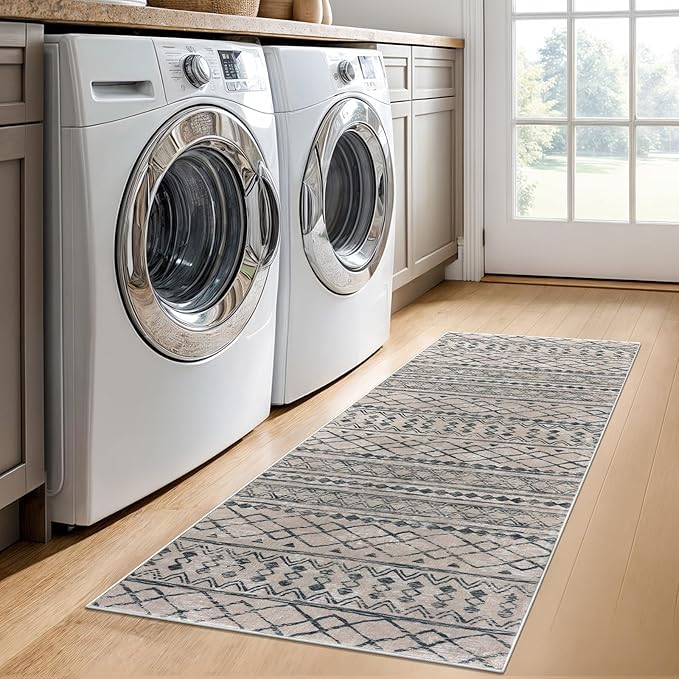 KUTA Boho Kitchen Runner 2x5 Brown Black Moroccan Washable Rug Non-Slip Vintage Hallway Runners Ultra Soft Distressed Geometric Floor Carpet for Bedroom Laundry Living Room