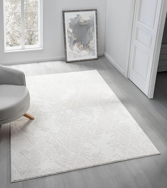 Adel Modern Area Rug for Living Room, 4x6 Rustic Distressed Abstract Cream Neutral Rug, Medium Pile Stain Resistant Carpet for Bedroom, Dining Room or Kitchen (4' x 6', Cream)