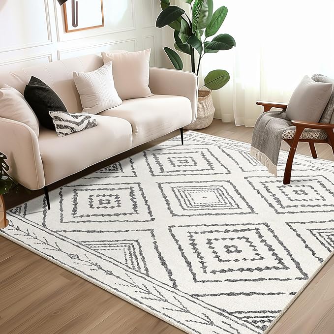 Area Rug 8x8 Rug Machine Washable Non-Slip Low Pile Print Pattern Western Rug for Living Room Bedroom Entryway Tribal Series -Navywhite/Black