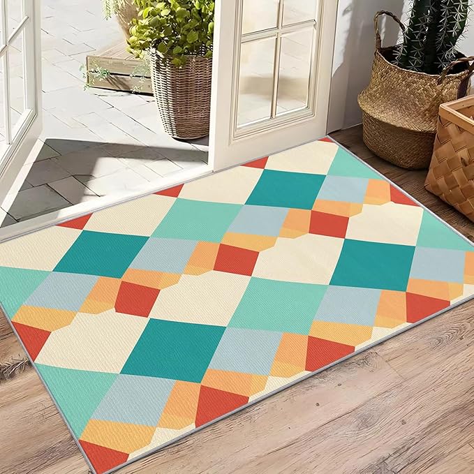 Geometric Indoor Rugs for Entryway - 2x3ft - Colorful Retro Mid Century Modern Washable Non Slip Low Pile Small Area Rug for Bedroom, Geometric Carpet Home Decor & Gifts