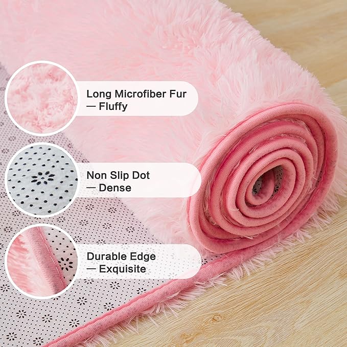 Andency Pink Soft Area Rugs for Living Room Bedroom, 4x6 Fluffy Shaggy Bedside Rug, Non-Slip Large Shag Fuzzy Plush Carpets for Bedroom Kids Dorm Nursery Home Decor Aesthetic