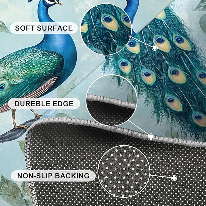 Peacock Rugs for Living Room - 5x6 Rug, Classic Peacock Floral Area Rugs for Bedroom, Teal Turquoise Rug, Modern Style Washable Carpet, Aesthetics Carpet - Peafowl Home Decor & Gifts