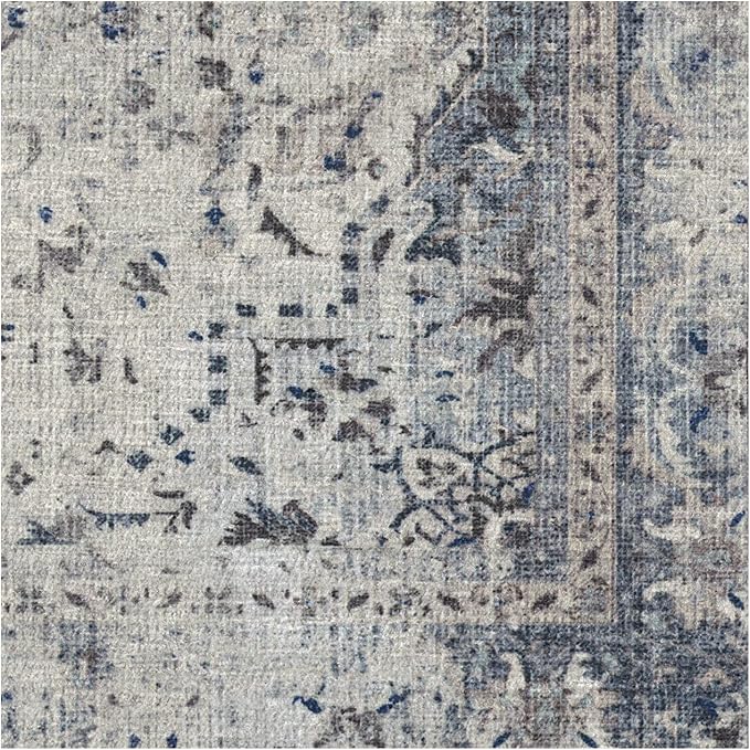 RUGGABLE Washable Vintage Area Rug – Sarrah Blue Quartz 8 ft Round, Stain-Resistant, Non-Slip – Large Machine Washable Rugs for Living Room, Bedroom, Hallway, Entryway & Office–with Standard Pad