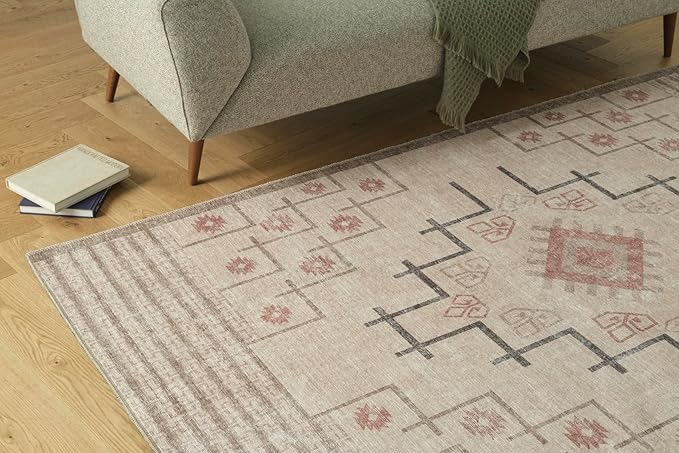 Revival Rugs Funk 8'x10' Zero-Shedding Area Rug for Living Room Bedroom - Oeko-TEX Certified, Low Pile, Spot Clean, Beige, Cream