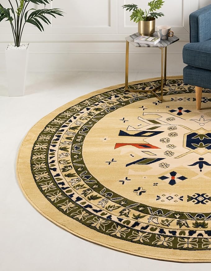 Unique Loom Taftan Collection Border Geometric Tribal Inspired Design Area Rug (8' 0 x 8' 0 Round, Gold/ Gray)