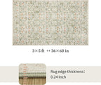Washable Living Room Rug: 3x5 Boho Floral Soft Area Rug for Bedroom Decor - Vintage Low Pile Thin Carpet for Dining Room Non-Slip - Farmhouse Stain Resistant Rugs - Beige Green