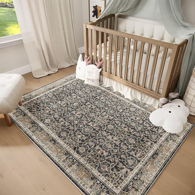 Washable 2x3 Entryway Rug, Boho Non-Slip Door Mat Vintage Distress Small Rugs for Kitchen Nursery Office Bedroom, 0.3" Neutral Oriental Throw Carpet with Cushioning Pad, Black/Brown/Blue/Multi